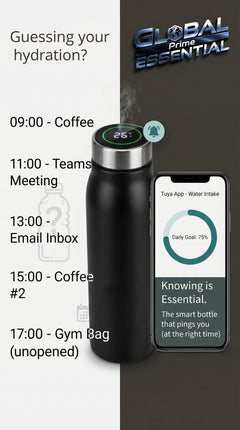 Smart Tuya water bottle by Global Prime Essential with sleek design, highlighting its upgraded features for daily wellness.