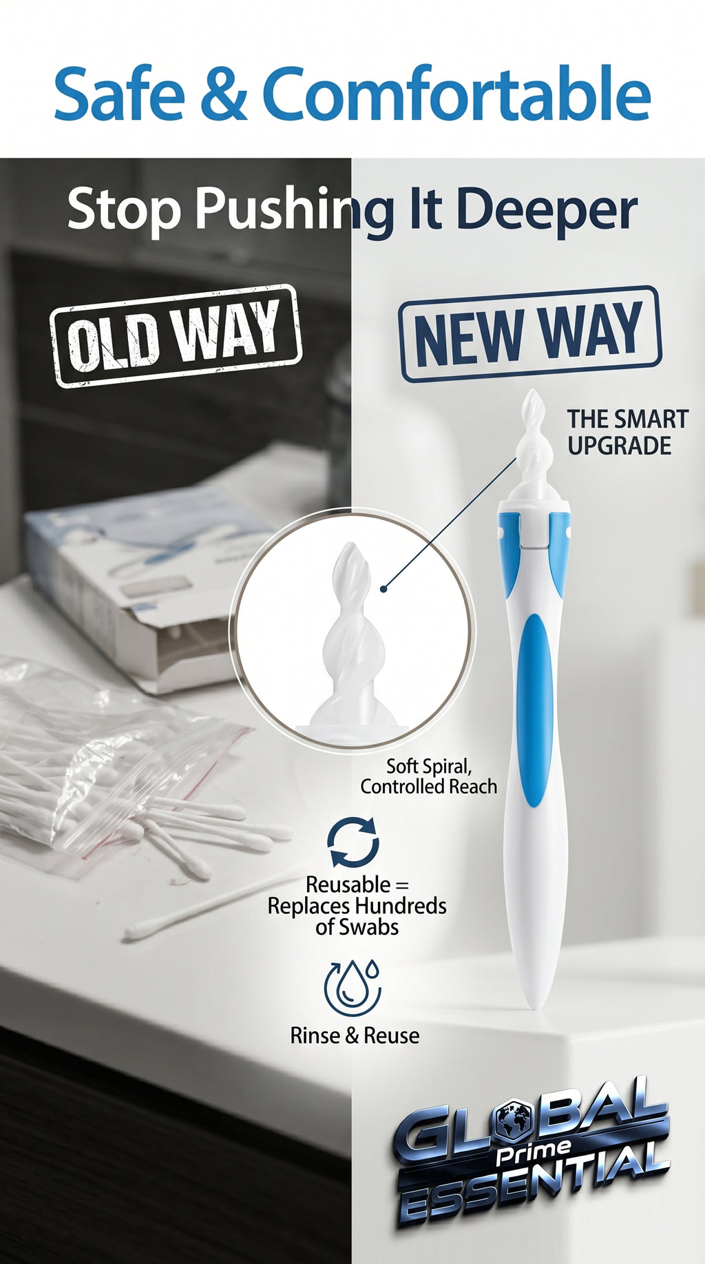 Global Prime Essential silicone ear cleaner tool for safe, effective ear canal cleaning without cotton swabs.