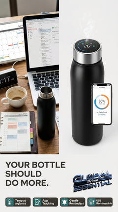 Smart Tuya water bottle by Global Prime Essential with digital display and modern design for smarter hydration.