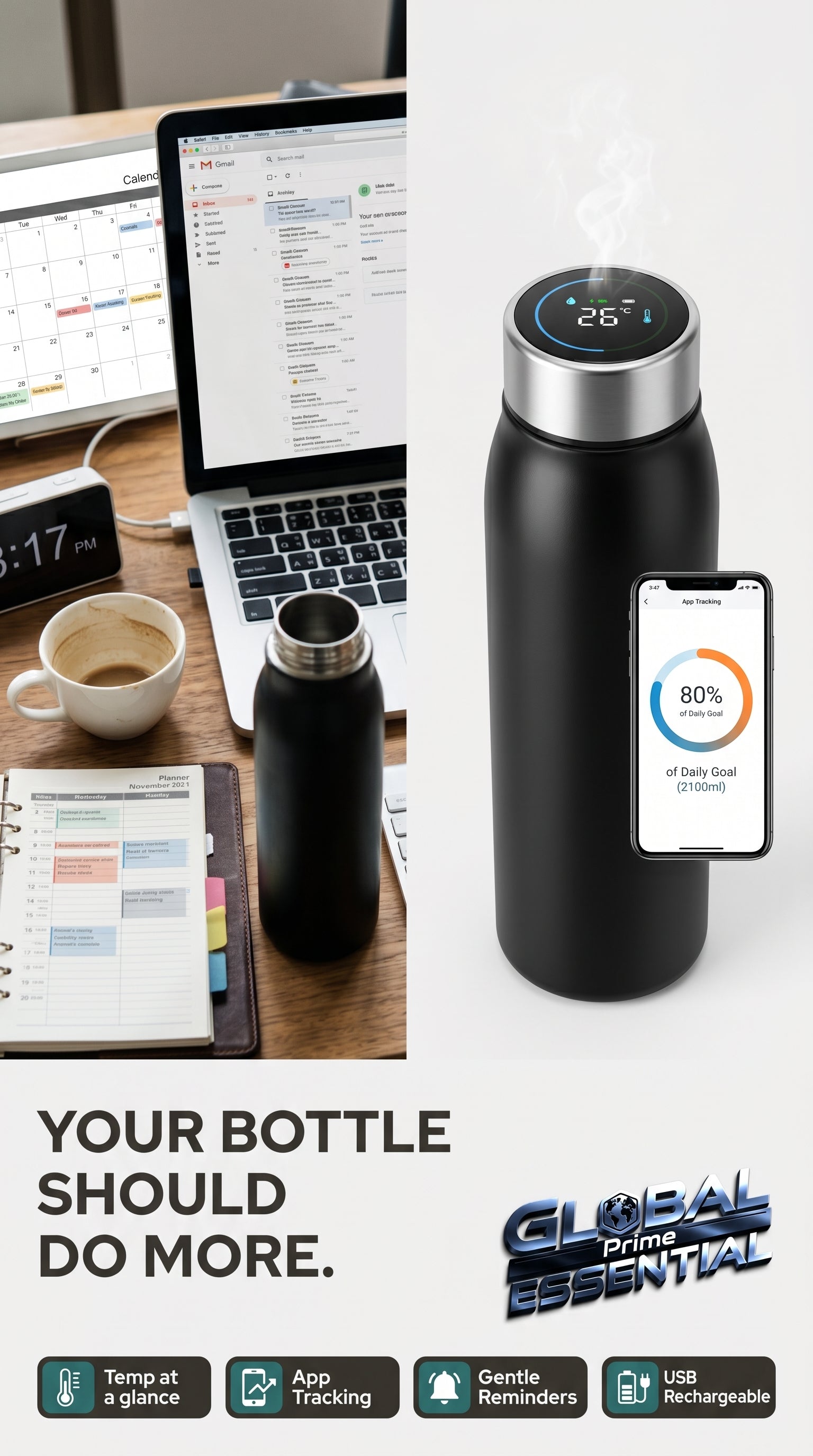 Smart Tuya water bottle by Global Prime Essential with digital display and modern design for smarter hydration.