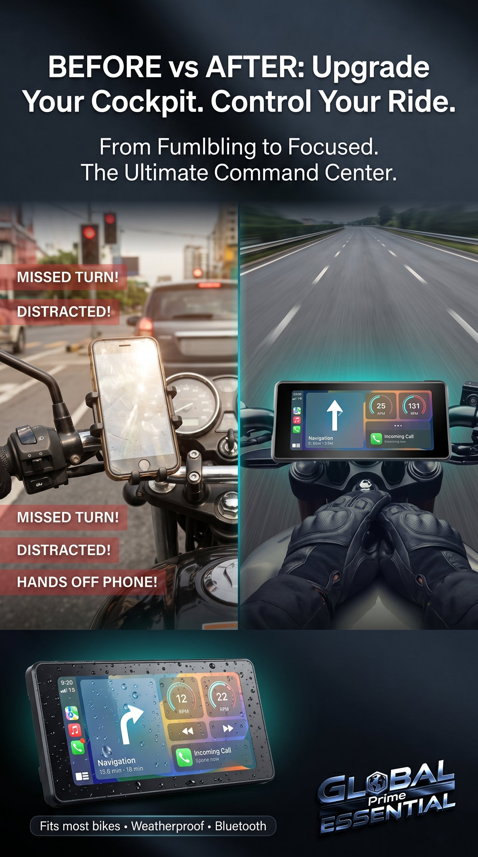 7-inch motorcycle display by Global Prime Essential showing a digital dashboard for motorcycle accessory upgrade.
