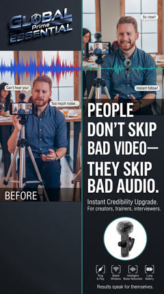 Global Prime Essential wireless lavalier microphone for clear audio recording, ideal for interviews, presentations, and video content.