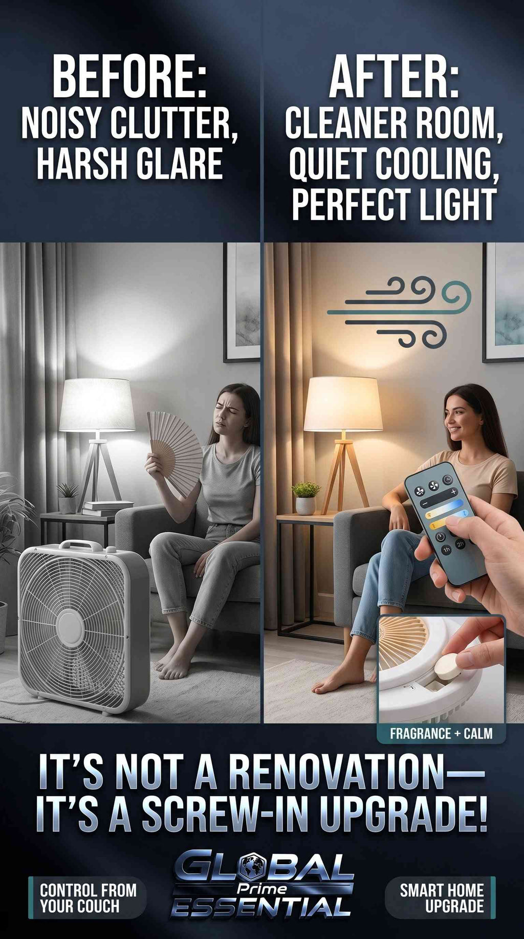 Global Prime Essential light socket fan with remote, 3 speeds, dimmable LED, aromatherapy diffuser, E26 fit, upgrade your space.