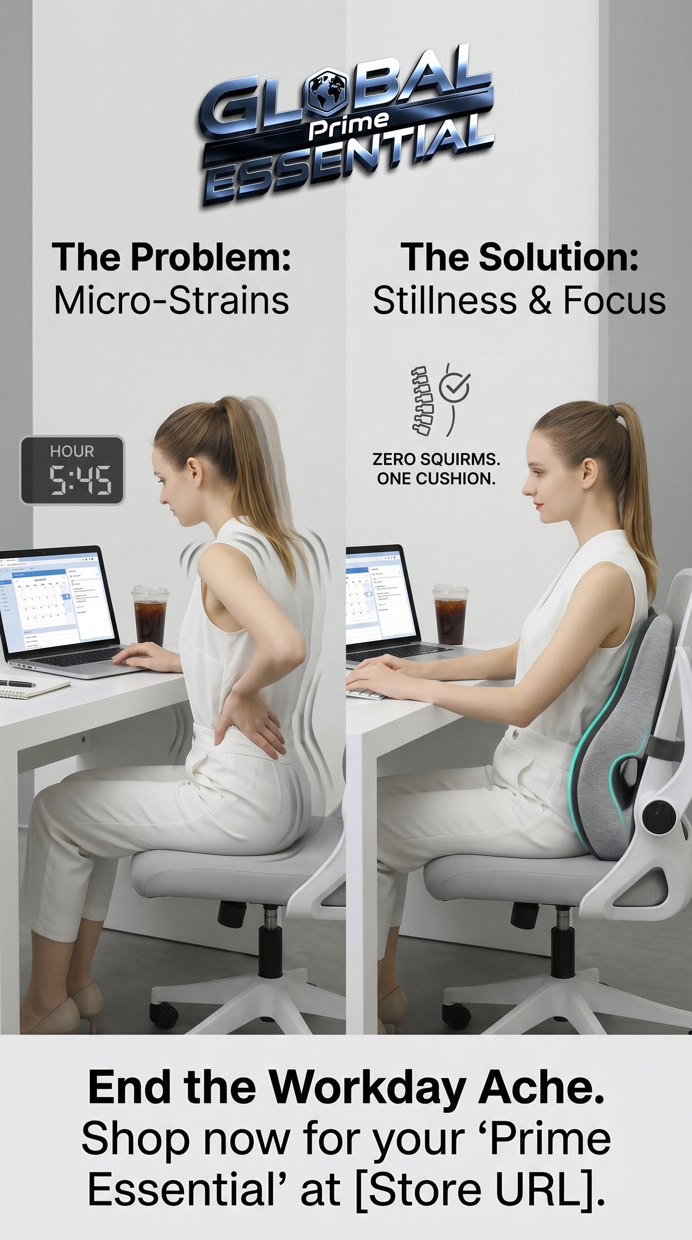 Global Prime Essential memory foam office chair cushion providing ergonomic support and comfort for improved workday sitting.