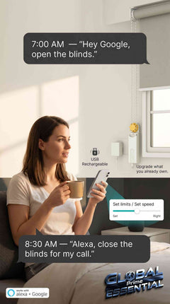 Smart roller blinds by Global Prime Essential with WiFi, Alexa, Google Home compatibility, shown controlling window light.