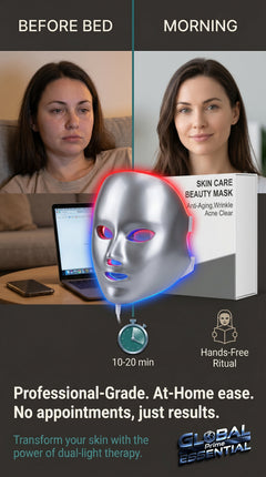 Global Prime Essential Therapy Mask for radiant skin, shown in a relaxing skincare routine image.