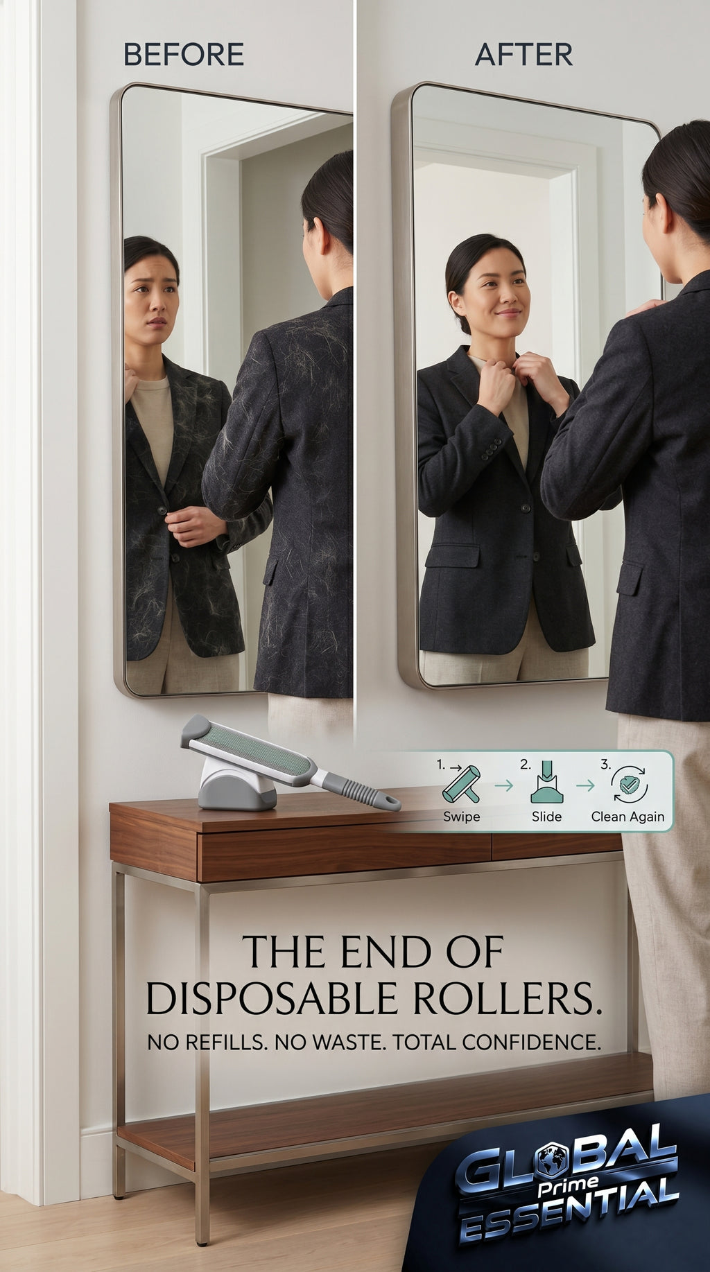 Global Prime Essential self-cleaning lint remover brush with pet hair removal features, showing the brush in use on clothing.
