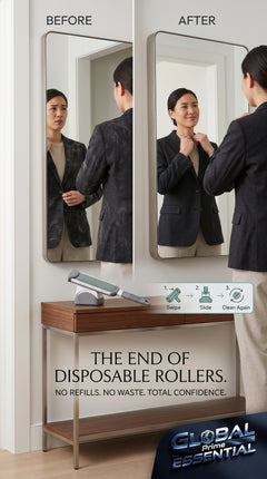 Global Prime Essential self-cleaning lint remover brush with pet hair removal features, showing the brush in use on clothing.
