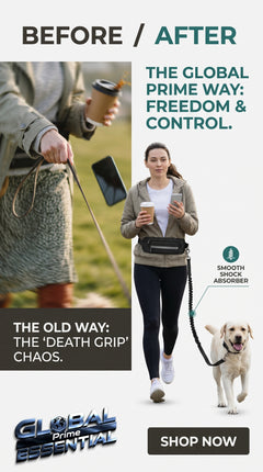 Hands-free dog leash by Global Prime Essential, shown in use during a walk with a happy dog and owner outdoors.