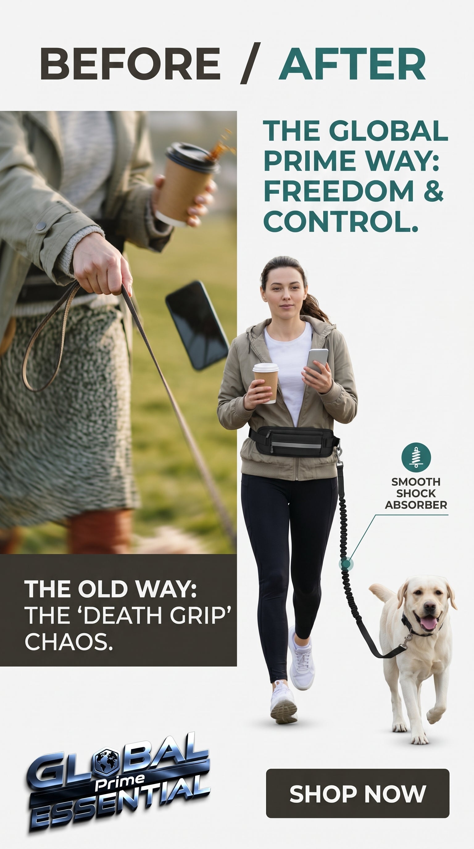 Hands-free dog leash by Global Prime Essential, shown in use during a walk with a happy dog and owner outdoors.