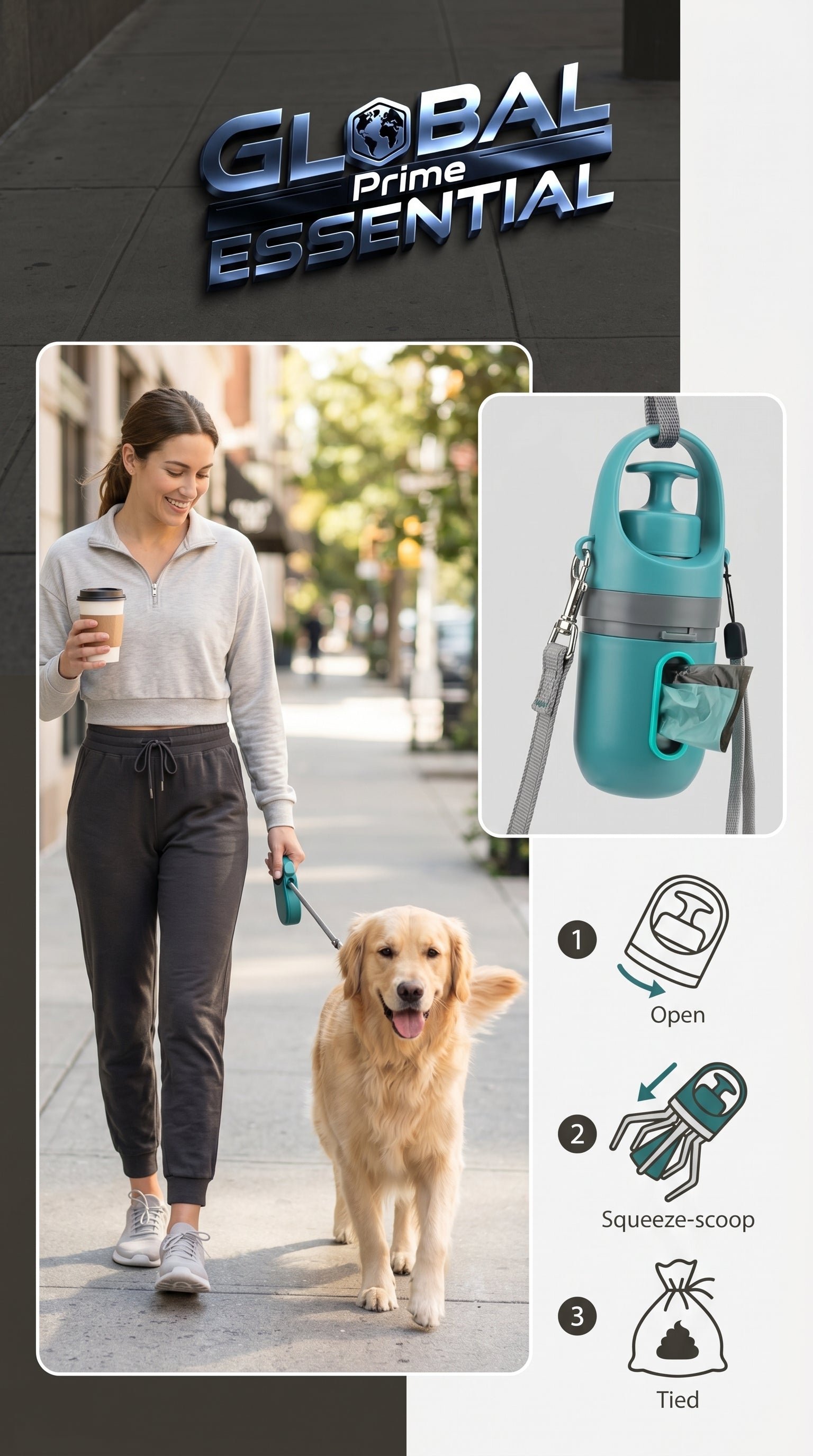 Global Prime Essential portable dog poop scooper in use, making outdoor cleanup quick and easy for pet owners.