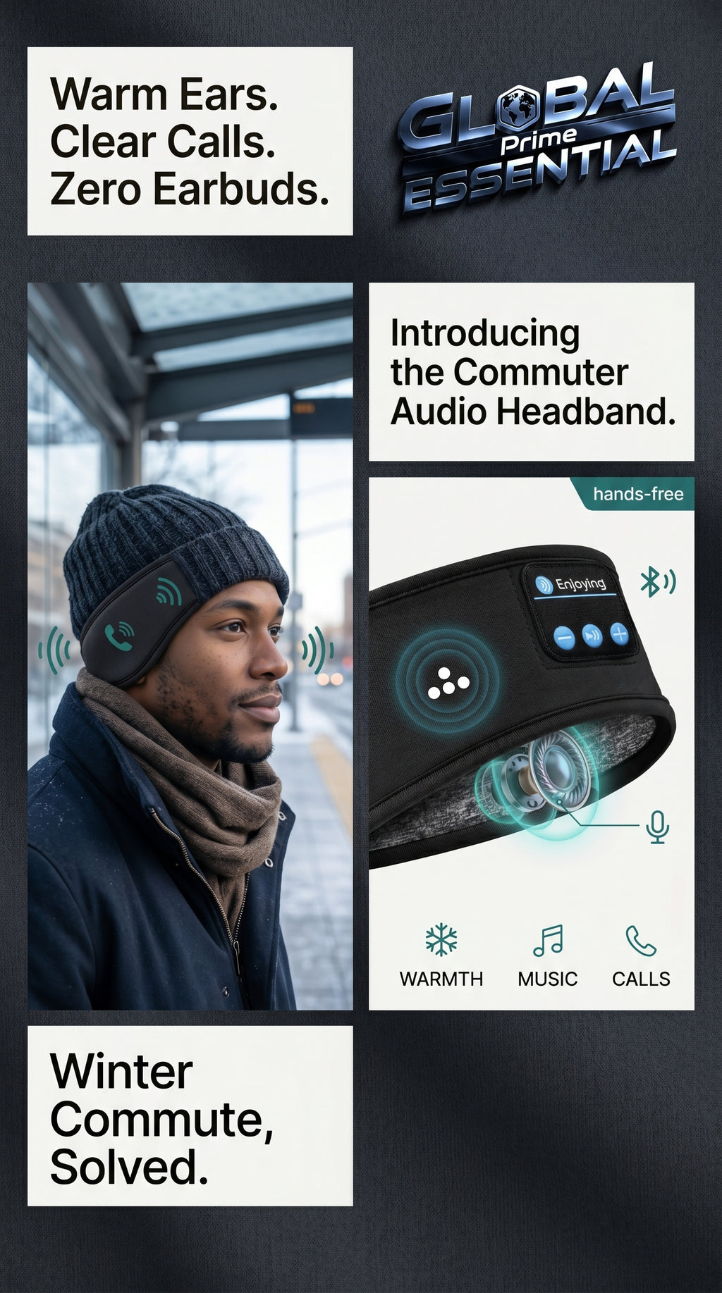 Global Prime Essential Bluetooth headscarf with built-in speakers for wireless music and clear calls, designed for outdoor comfort.