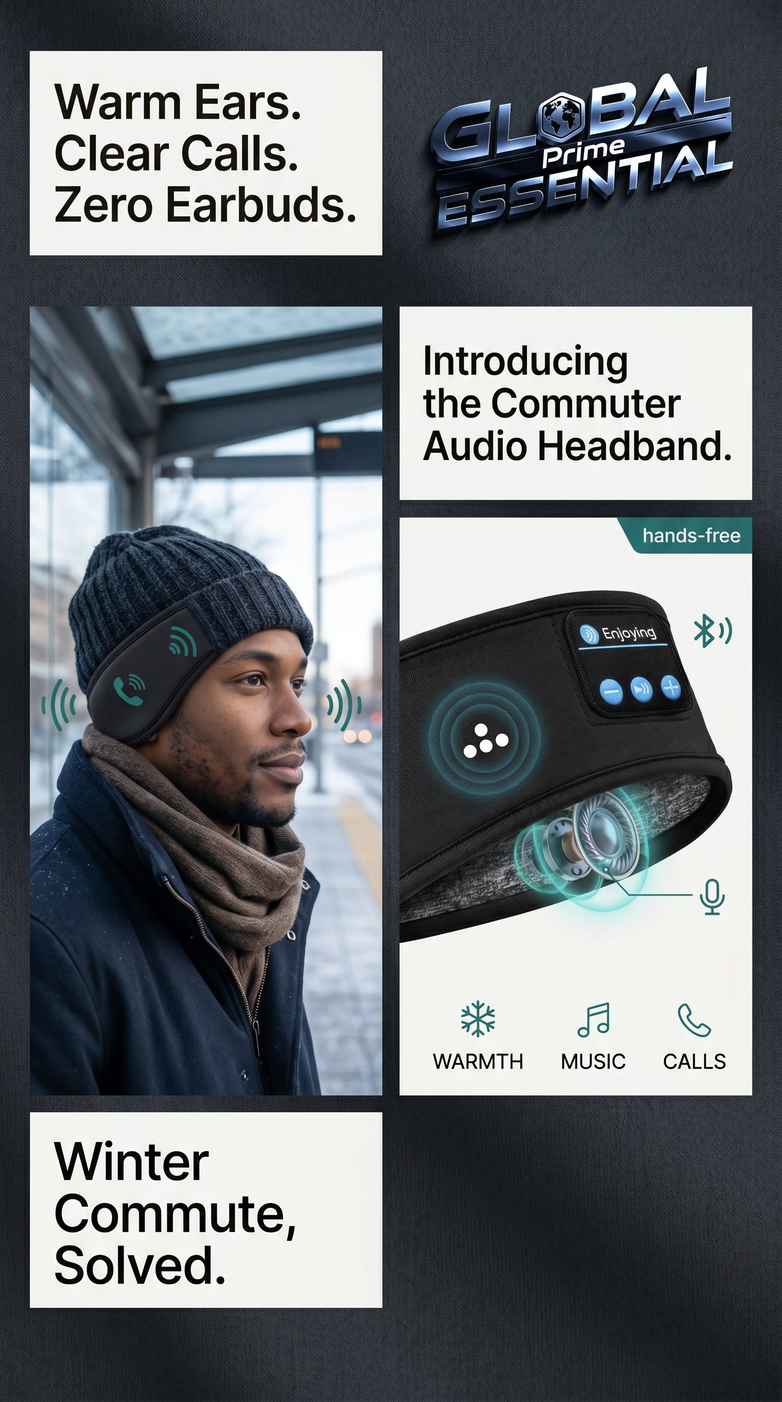 Global Prime Essential Bluetooth headscarf with built-in speakers for wireless music and clear calls, designed for outdoor comfort.
