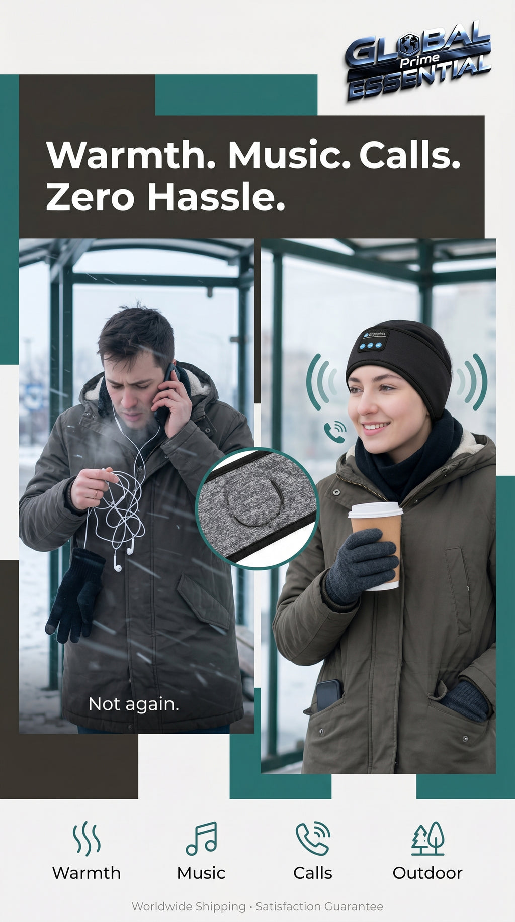 Global Prime Essential Bluetooth headscarf with built-in speakers, designed for outdoor warmth, music, and hands-free calls.
