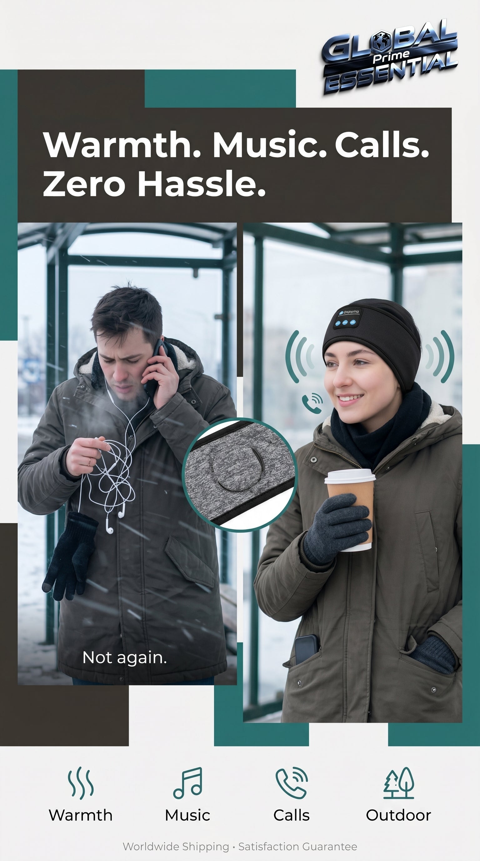 Global Prime Essential Bluetooth headscarf with built-in speakers, designed for outdoor warmth, music, and hands-free calls.