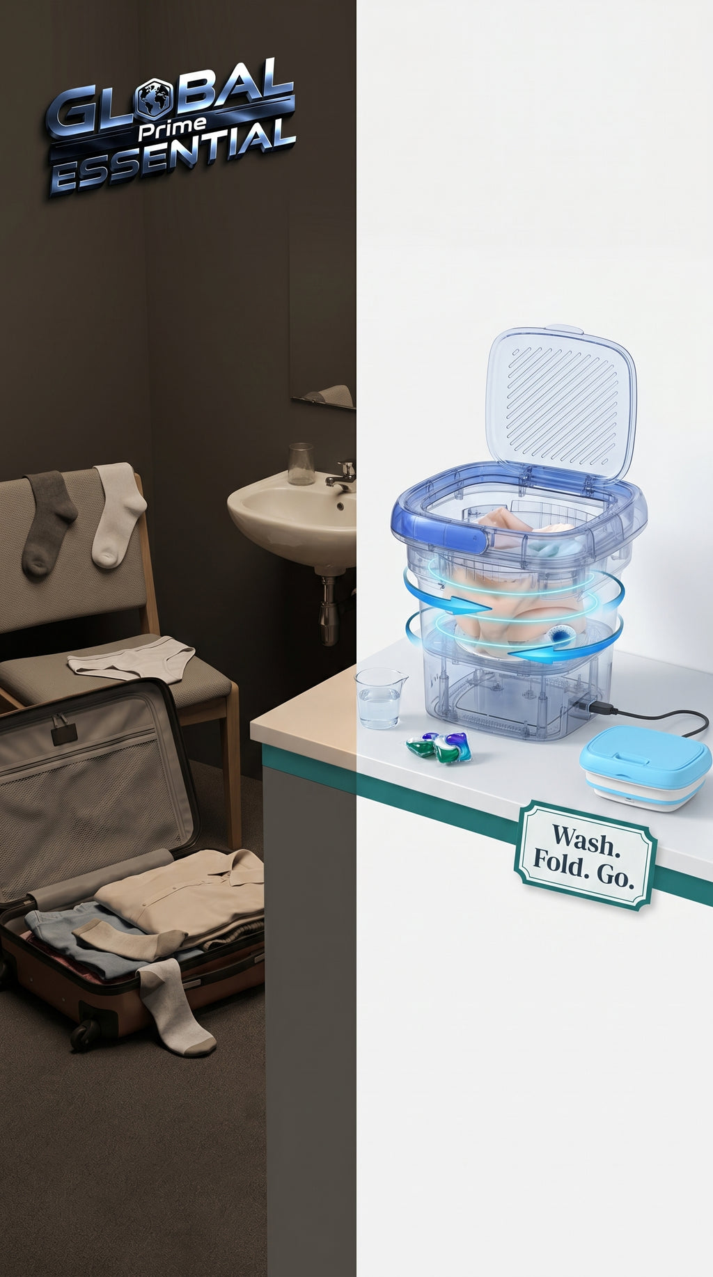 Global Prime Essential folding washing machine compactly designed for portable laundry solutions, ideal for small spaces and travel.