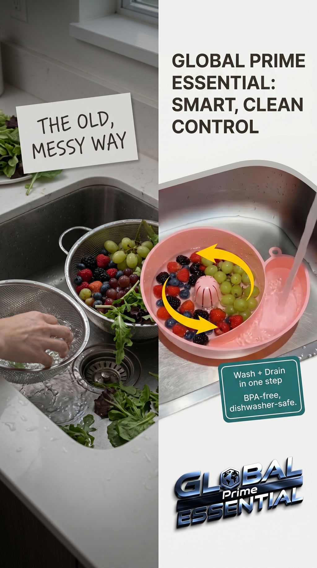 Global Prime Essential fruit and vegetable washing bowl with drain, designed for easy cleaning of produce in the kitchen.
