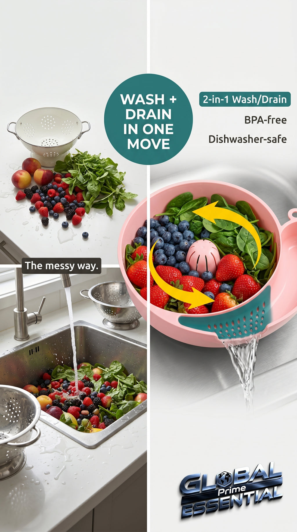 Global Prime Essential fruit and vegetable washing bowl with integrated drain, designed for easy rinsing and cleaning.