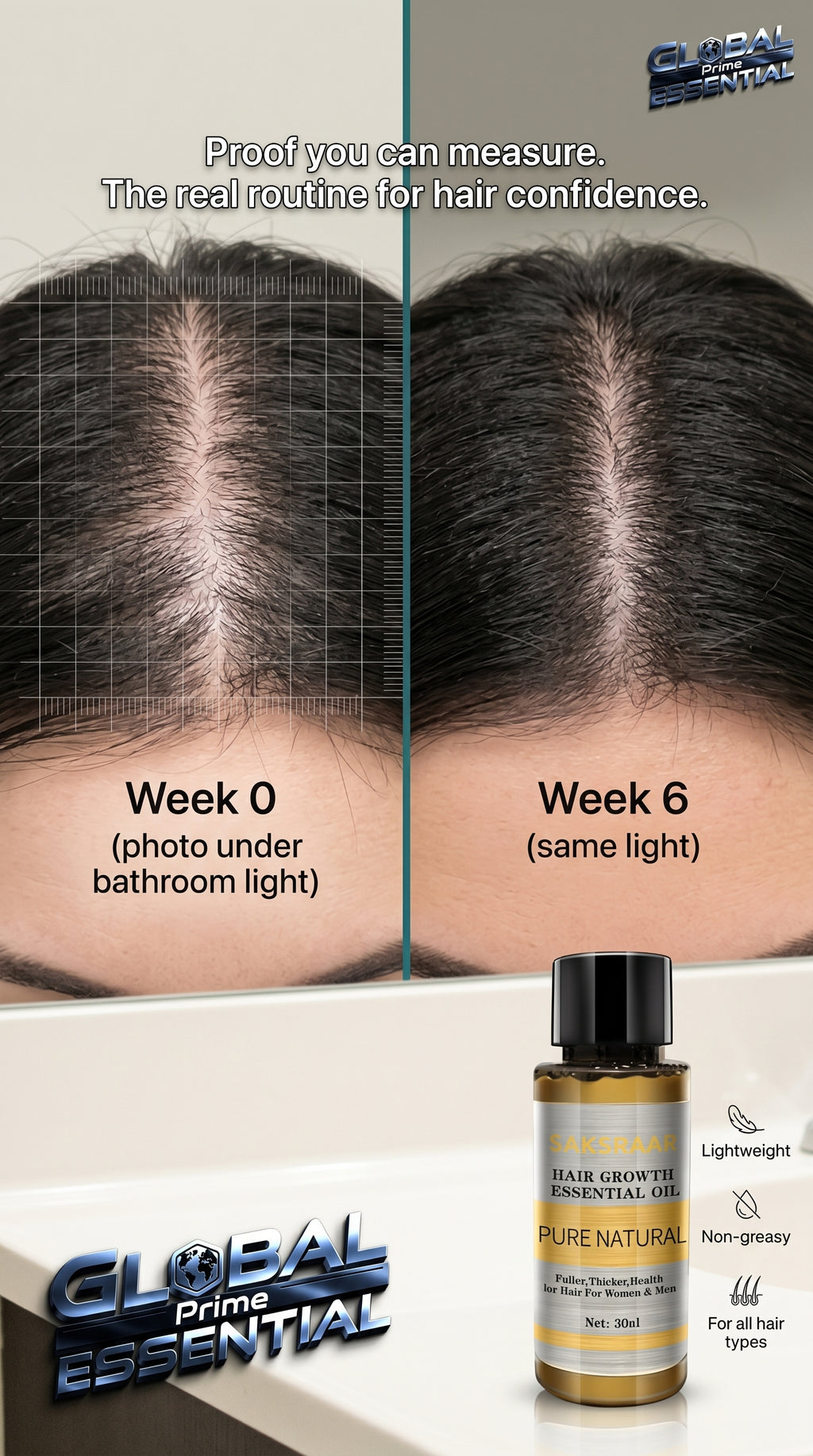 Before and after images of Global Prime Essential Hair Growth Oil showing improved scalp health and thicker, fuller hair over six weeks.