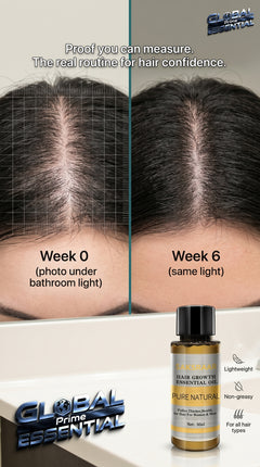 Before and after images of Global Prime Essential Hair Growth Oil showing improved scalp health and thicker, fuller hair over six weeks.