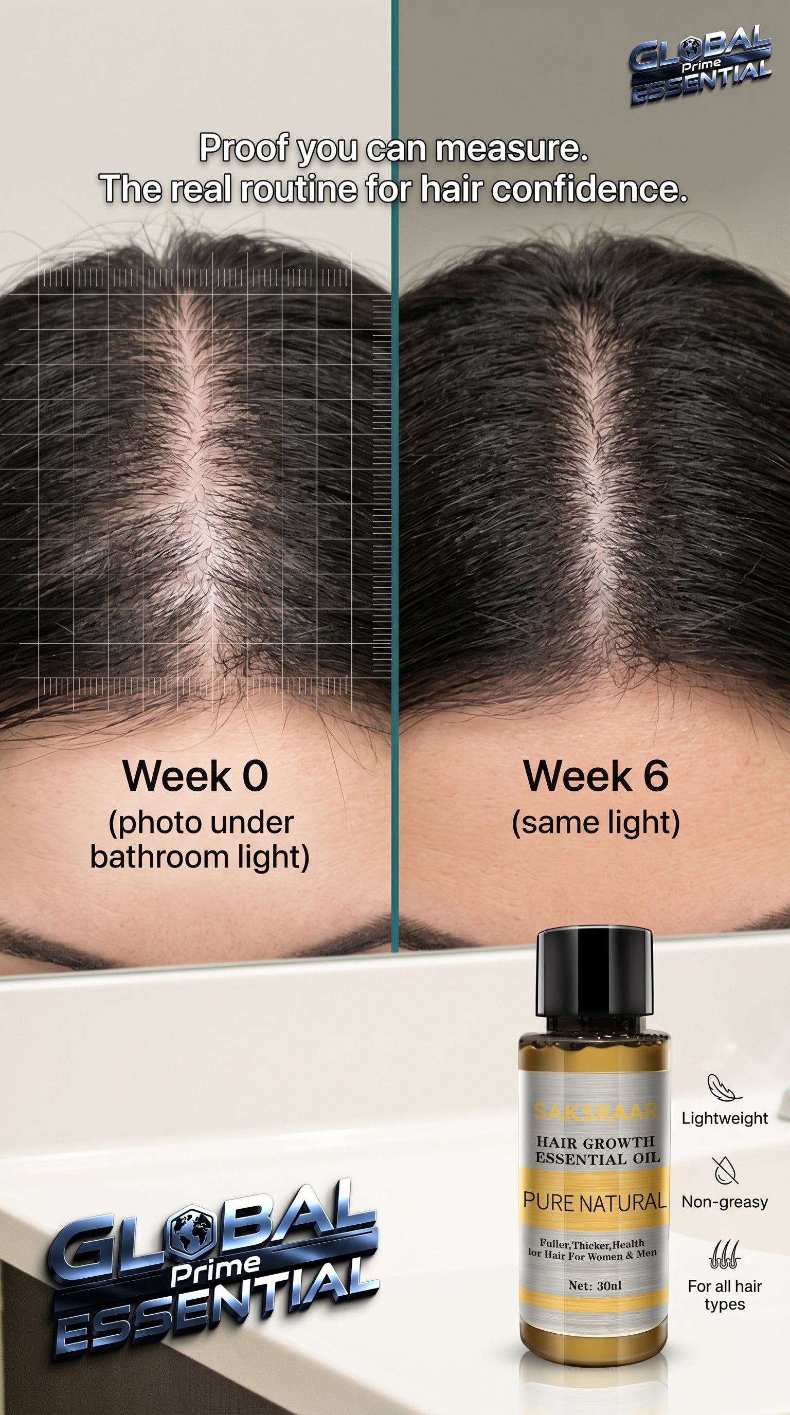 Before and after images of Global Prime Essential Hair Growth Oil showing improved scalp health and thicker, fuller hair over six weeks.