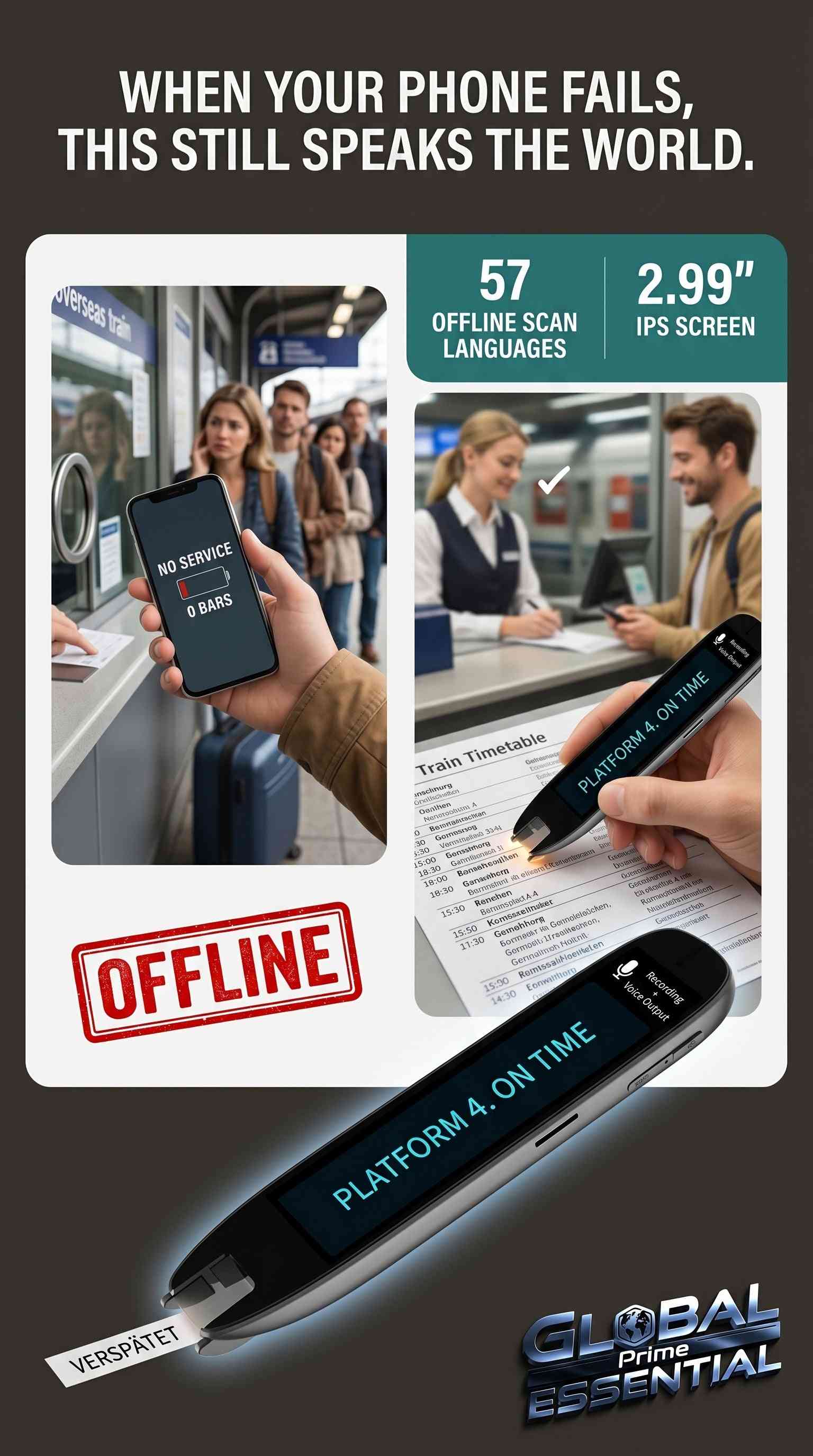 Global Prime Essential Scan Translator Pen displaying text on IPS screen, with recording function and offline language options.