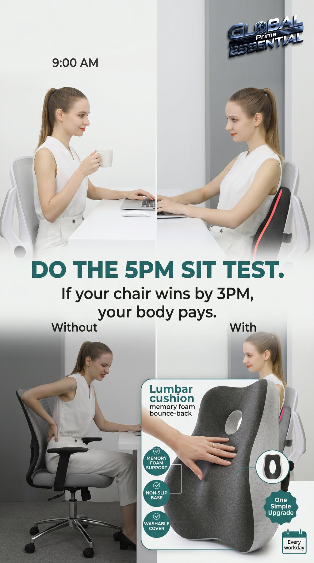 Global Prime Essential memory foam office chair cushion on a desk chair, providing comfort and support for long workdays.