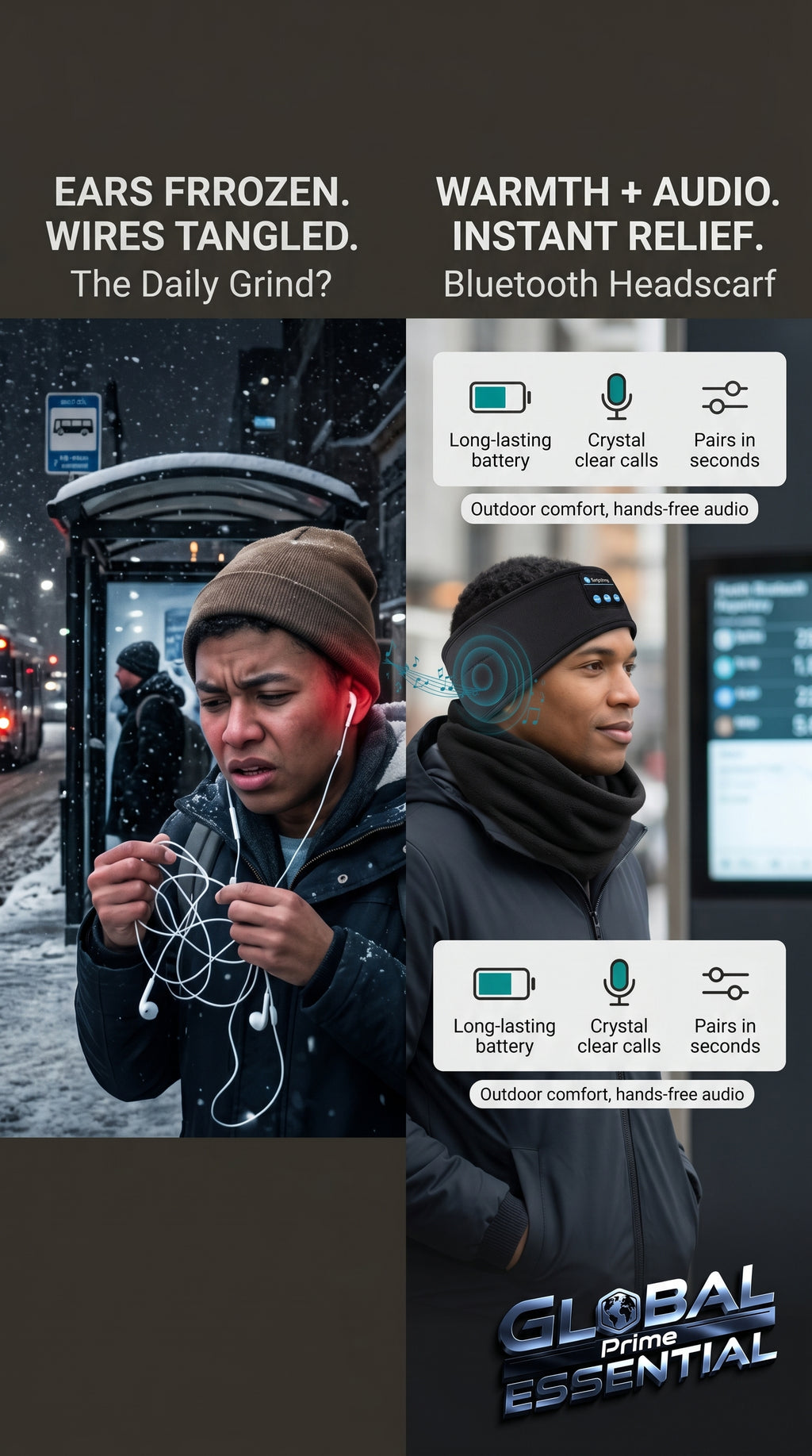 Wireless Bluetooth headscarf by Global Prime Essential with built-in speakers, ideal for outdoor winter music and calls.