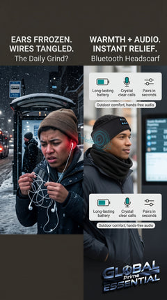 Wireless Bluetooth headscarf by Global Prime Essential with built-in speakers, ideal for outdoor winter music and calls.