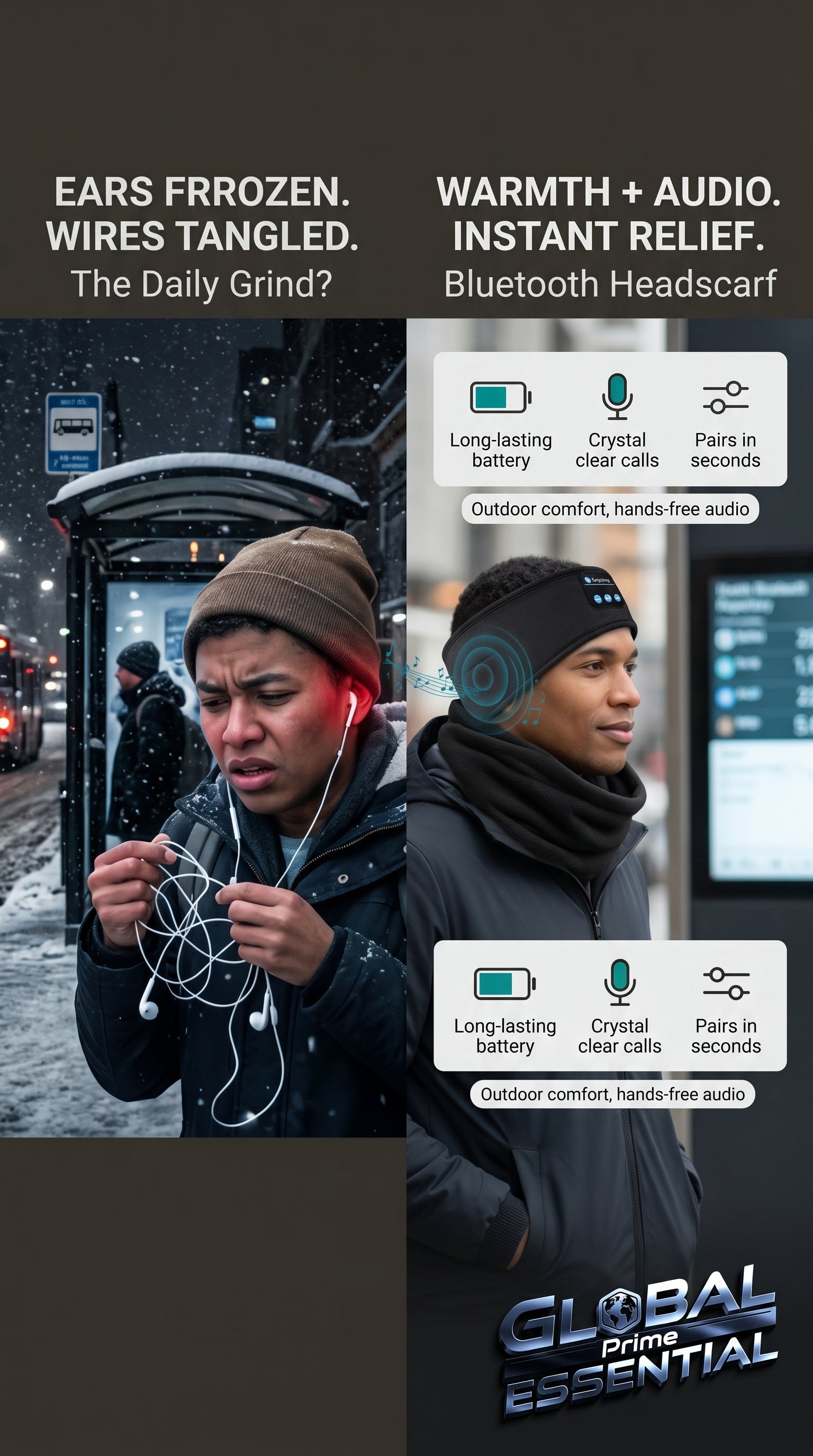 Wireless Bluetooth headscarf by Global Prime Essential with built-in speakers, ideal for outdoor winter music and calls.