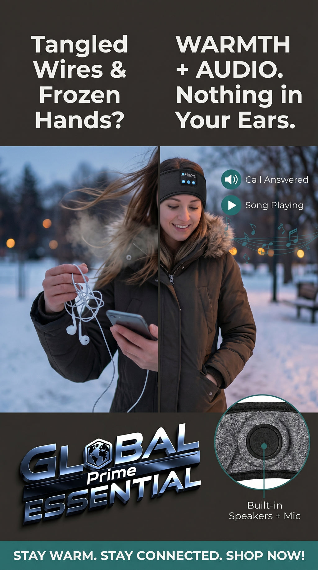 Global Prime Essential Bluetooth headscarf with built-in speakers, ideal for outdoor music and calls during winter commuting.