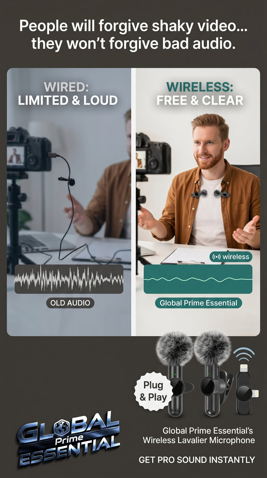Wireless Lavalier Microphone by Global Prime Essential, compact and discreet for clear audio recording during videos or presentations.