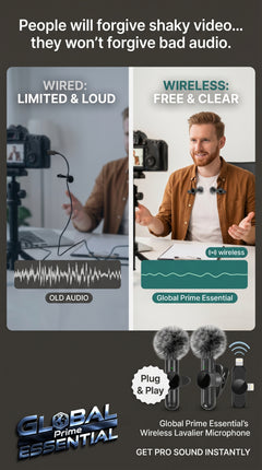 Wireless Lavalier Microphone by Global Prime Essential, compact and discreet for clear audio recording during videos or presentations.
