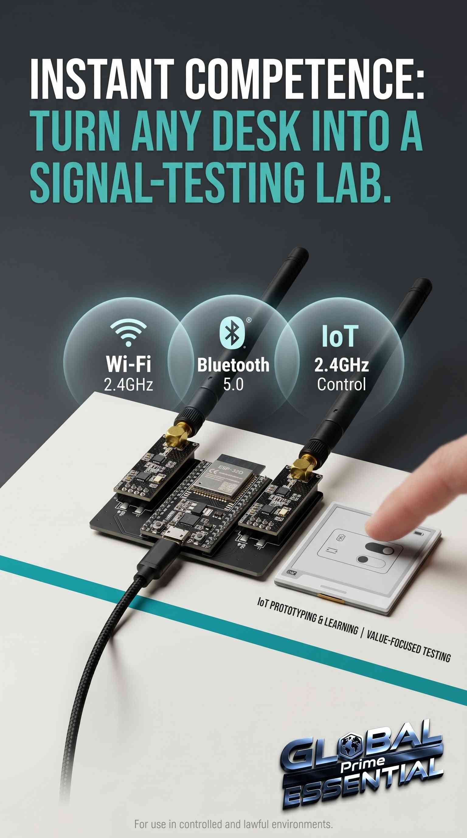 Global Prime Essential ESP32 DevKitC IoT development kit with NRF24L01 wireless modules, WiFi, and Bluetooth for easy wireless testing.