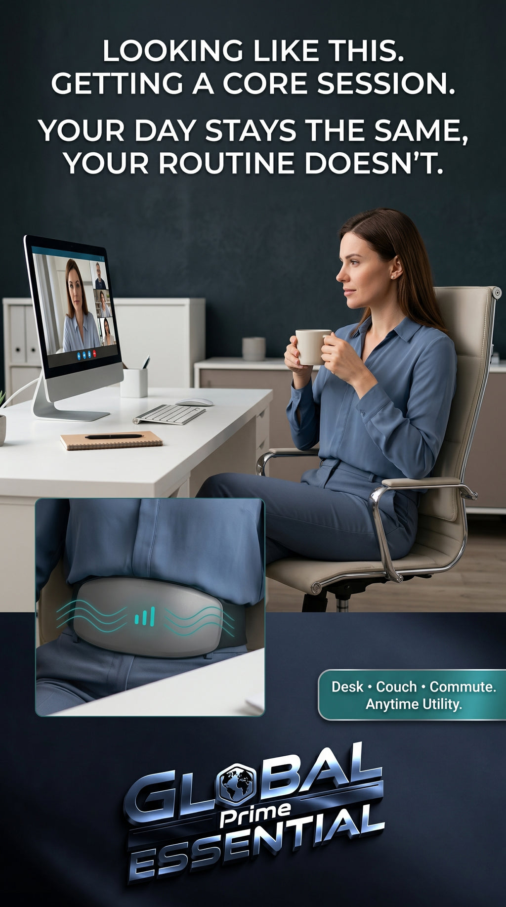 Global Prime Essential electric weight loss massage belt shown during workout, designed to help enhance fitness while you work.