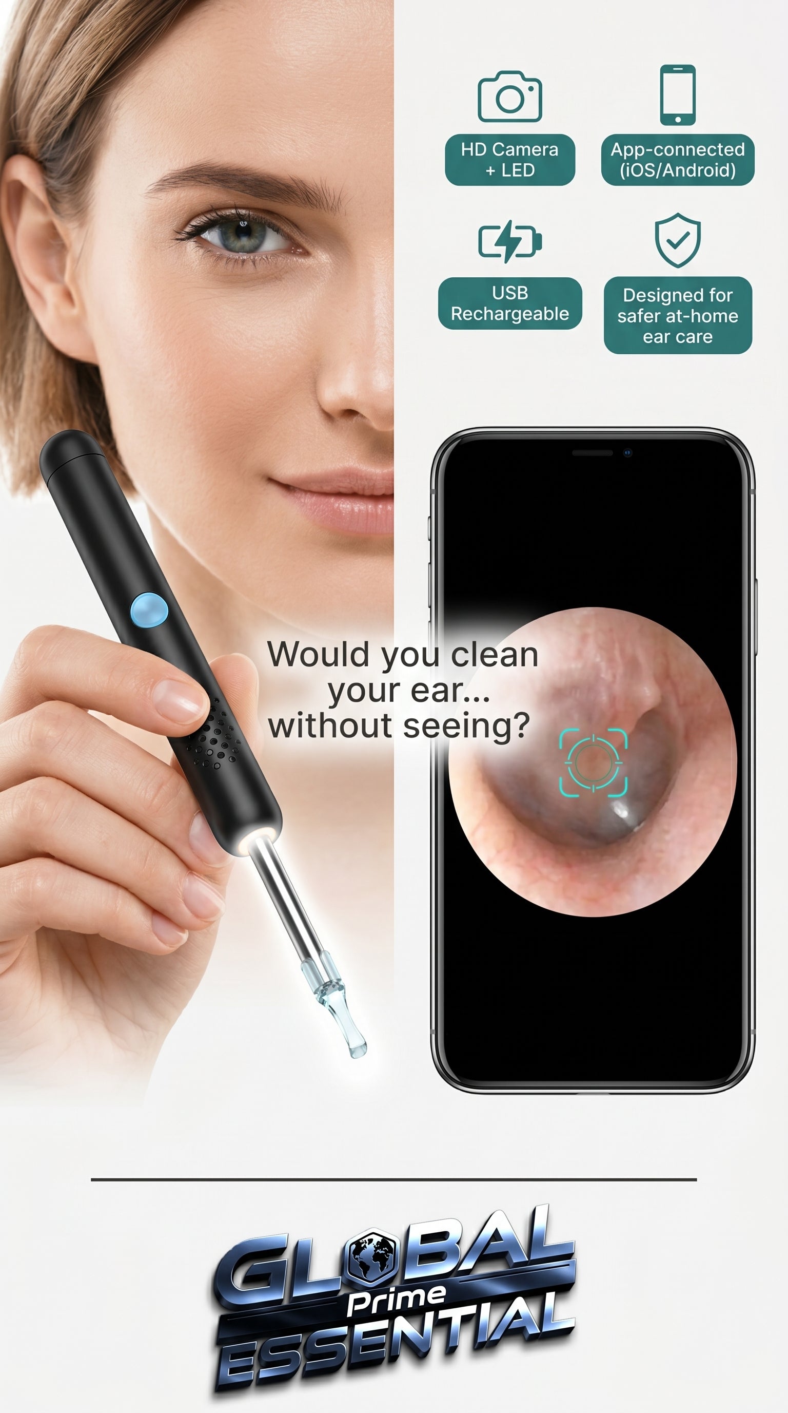 Global Prime Essential smart ear wax remover with transparent tip for safe, visible ear cleaning.