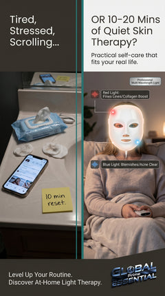 Global Prime Essential therapy mask for skin relaxation and glow, shown on a relaxed person with a calming beauty setting.