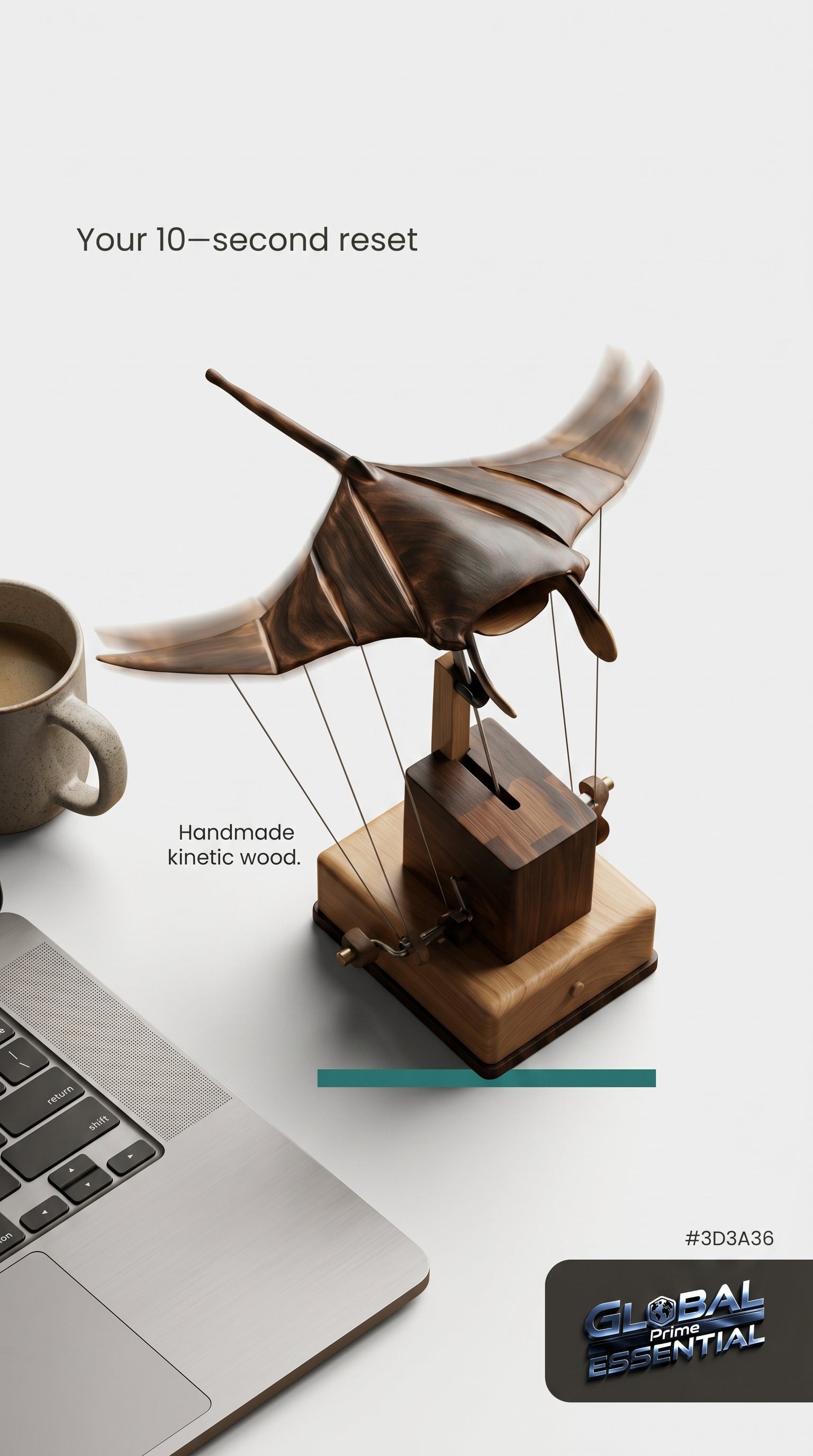 Handmade wooden manta ray kinetic desk sculpture with smooth swimming motion, ideal for home decor by Global Prime Essential.