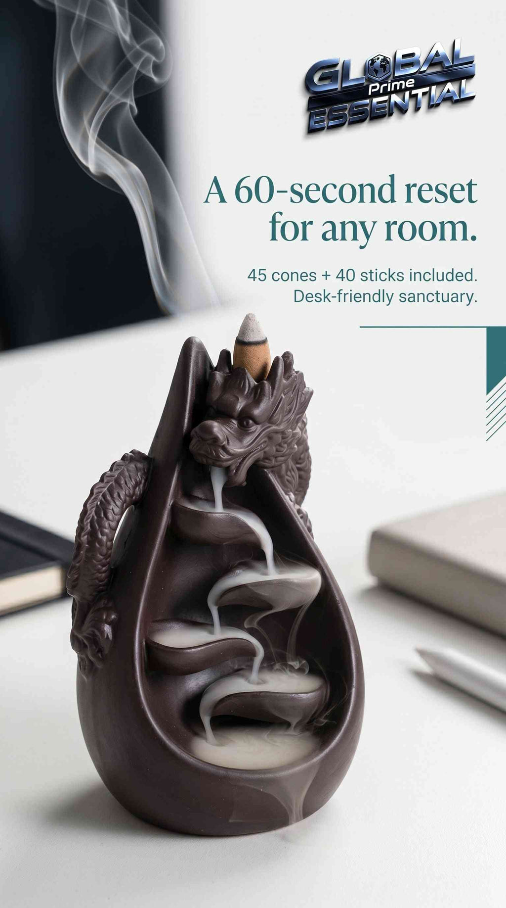 Ceramic dragon backflow incense burner set with waterfall effect, includes 45 cones and 40 sticks, by Global Prime Essential