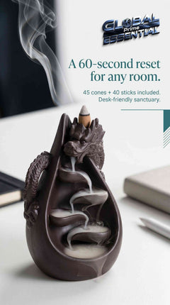 Ceramic dragon backflow incense burner set with waterfall effect, includes 45 cones and 40 sticks, by Global Prime Essential