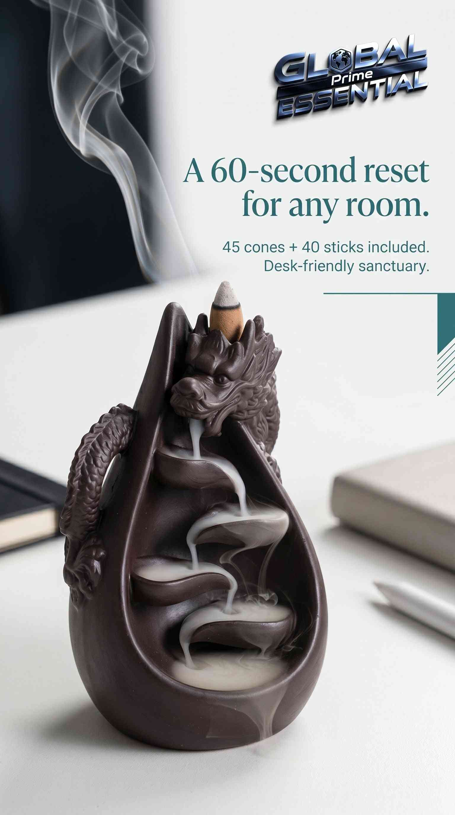 Ceramic dragon backflow incense burner set with waterfall effect, includes 45 cones and 40 sticks, by Global Prime Essential