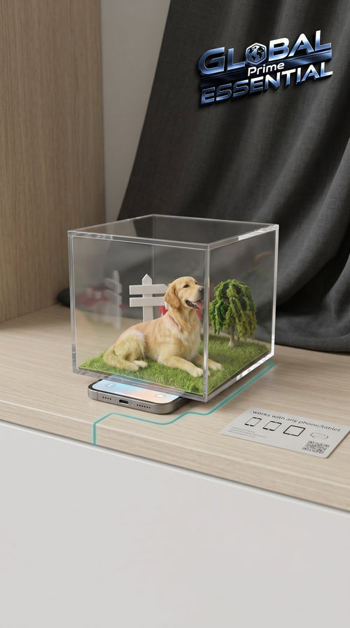 3D holographic acrylic pet memorial display box with engraved message, 10x10x10cm, showcasing a heartfelt tribute to a beloved pet.