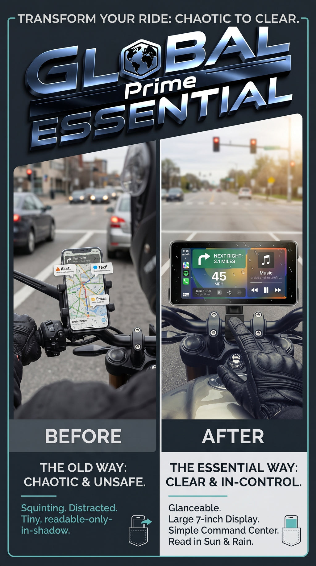 7-inch motorcycle display from Global Prime Essential, showing a digital dashboard with speedometer and navigation for motorcycle accessory.