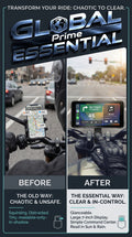 7-inch motorcycle display from Global Prime Essential, showing a digital dashboard with speedometer and navigation for motorcycle accessory.