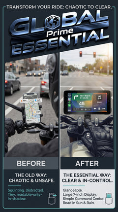 7-inch motorcycle display from Global Prime Essential, showing a digital dashboard with speedometer and navigation for motorcycle accessory.