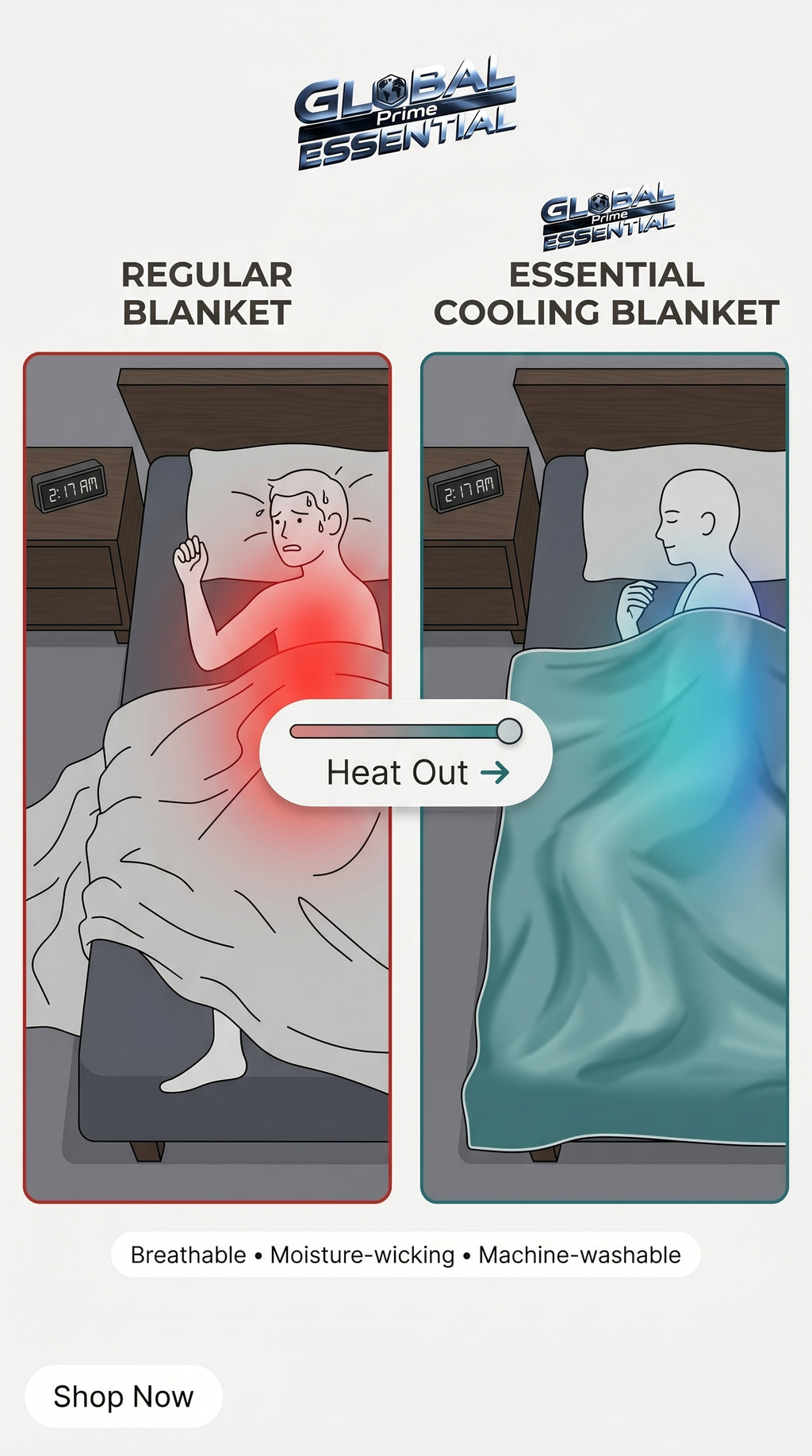 Global Prime Essential cooling blanket showing a lightweight, breathable fabric designed to move heat away for temperature regulation.