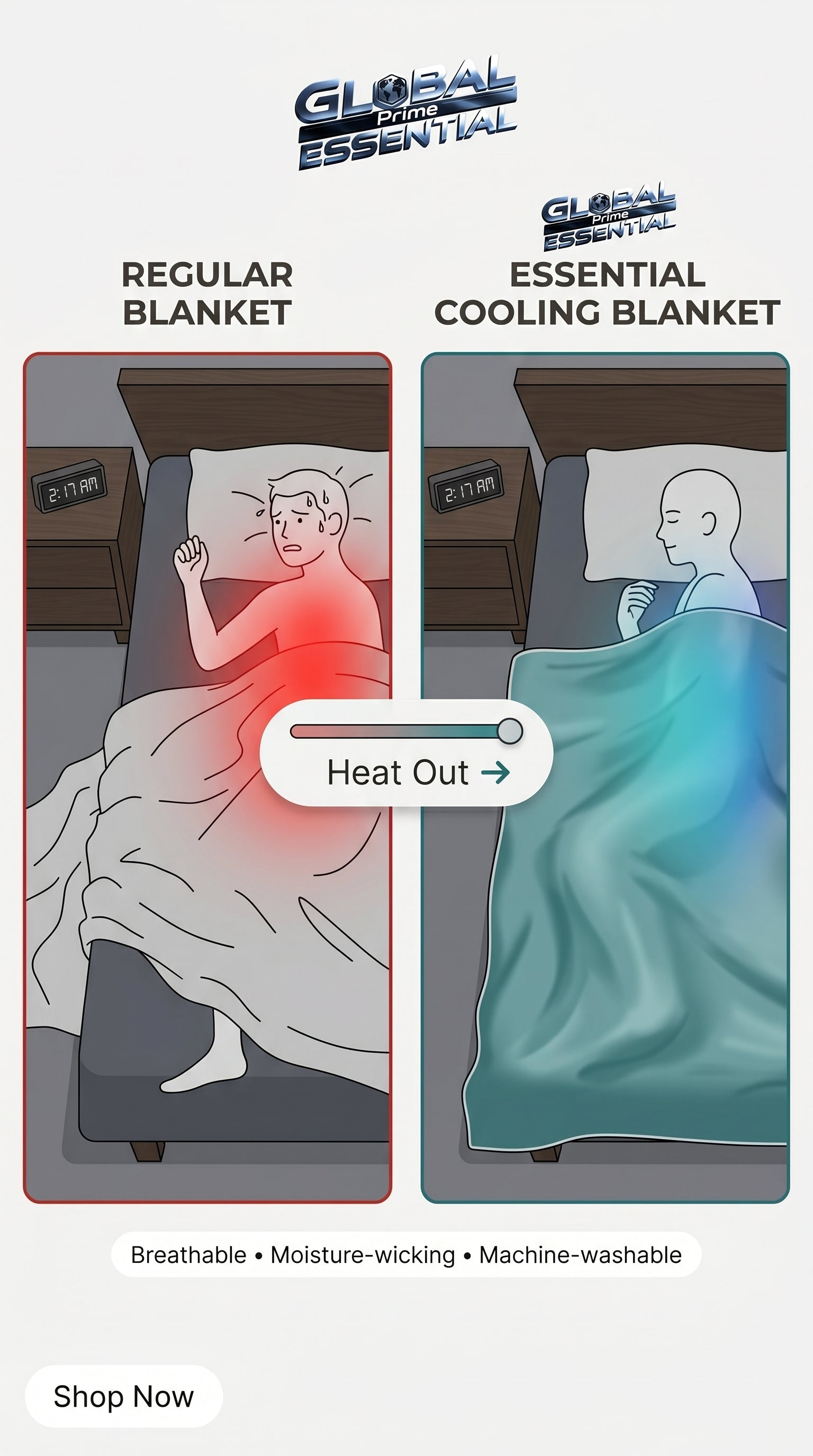 Global Prime Essential cooling blanket showing a lightweight, breathable fabric designed to move heat away for temperature regulation.