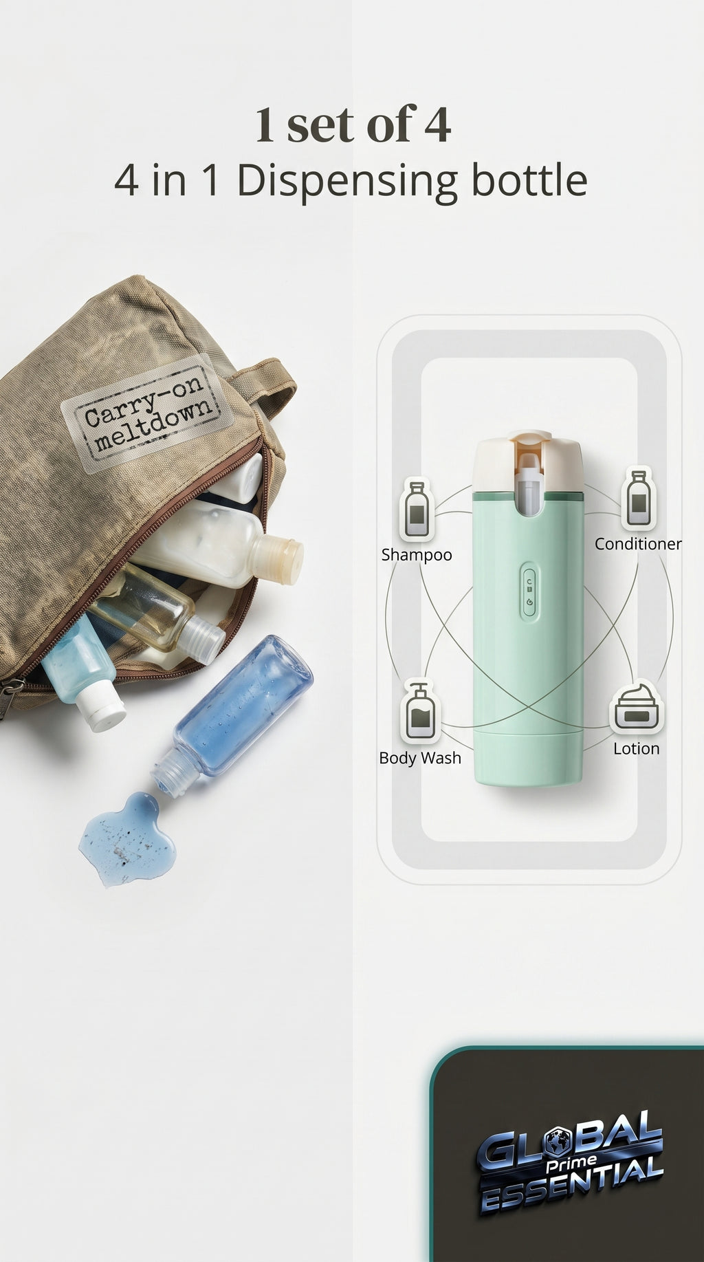 Global Prime Essential 4-in-1 travel dispenser bottle for outdoor use, showing compact design and multiple compartments.