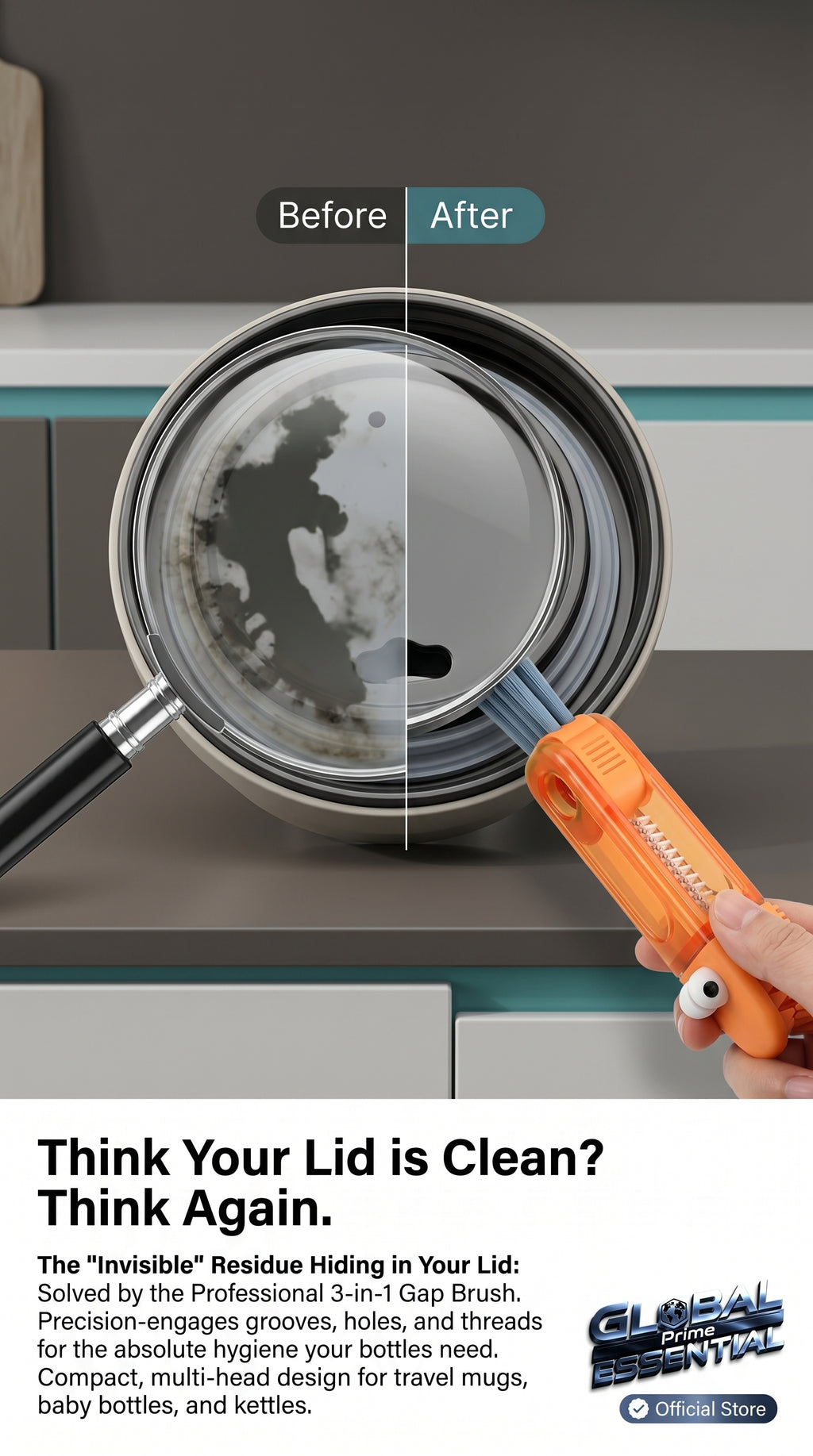 Global Prime Essential 3-in-1 cup lid gap cleaning brush showing a close-up of the brush cleaning a cup lid's tight gaps.