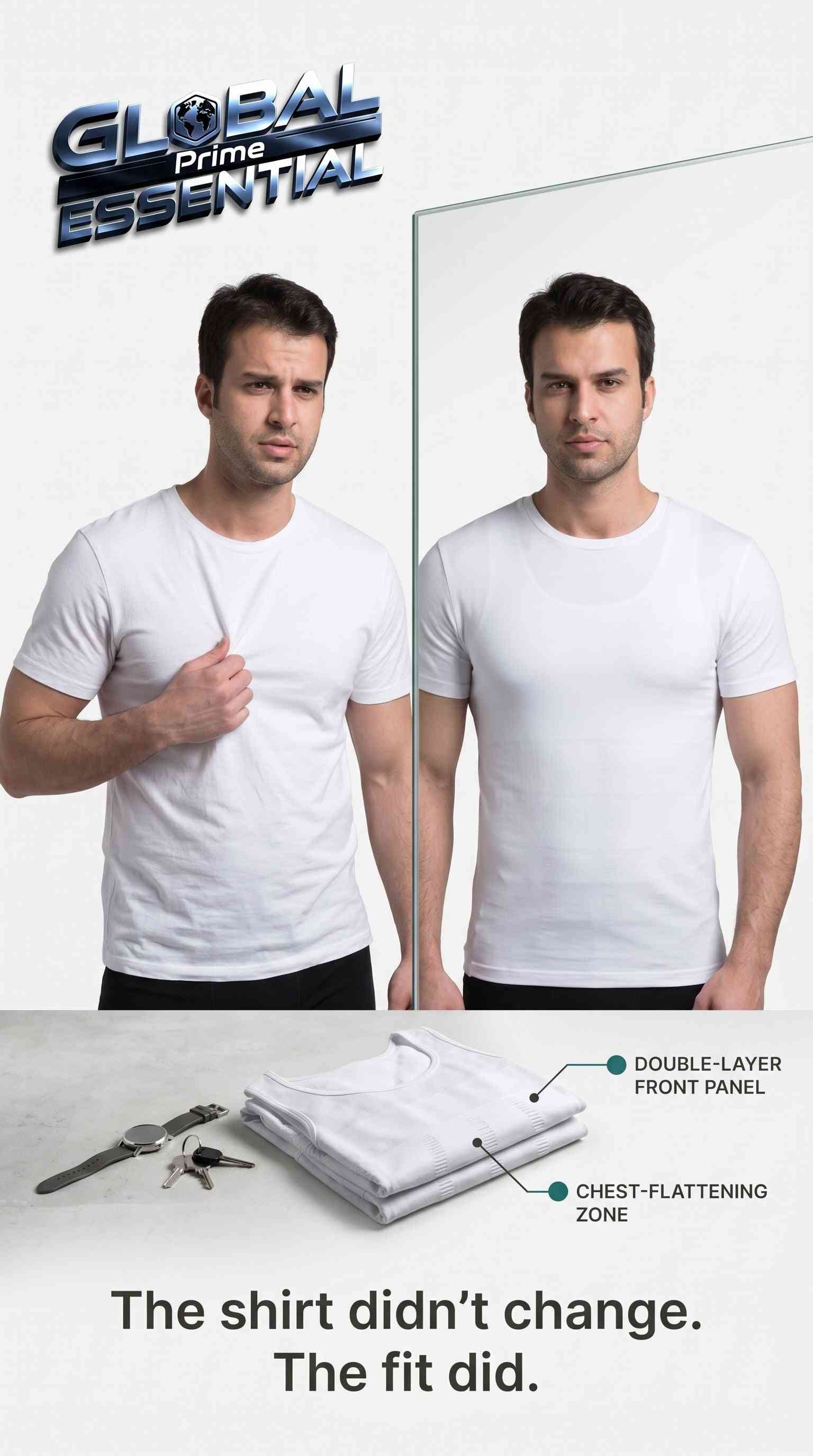 Men's slimming compression vest by Global Prime Essential, designed for chest flattening and tummy control shapewear.